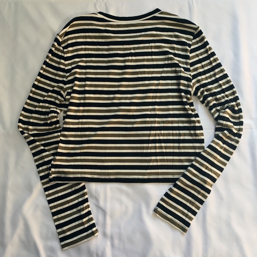 BCBG Striped Sweater Top in Olive and Navy - Picture 2 of 3